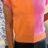 New Dear-Lover 2-tone Color Block Knit Cap Sleeve Sweater Top Flamingo