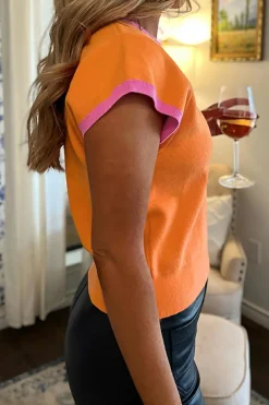 New Dear-Lover 2-tone Color Block Knit Cap Sleeve Sweater Top Flamingo