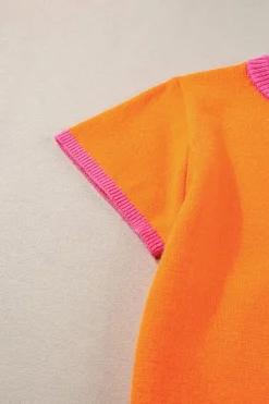 New Dear-Lover 2-tone Color Block Knit Cap Sleeve Sweater Top Flamingo
