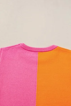 New Dear-Lover 2-tone Color Block Knit Cap Sleeve Sweater Top Flamingo