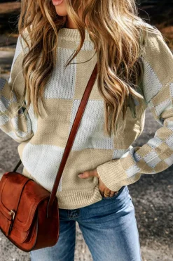 Sale Dear-Lover Flaxen Checkered Print Drop Shoulder Sweater Light French Beige