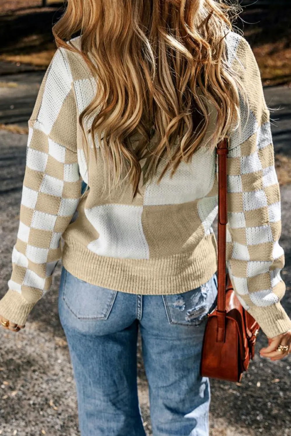 Sale Dear-Lover Flaxen Checkered Print Drop Shoulder Sweater Light French Beige