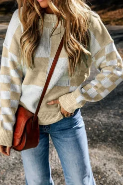 Sale Dear-Lover Flaxen Checkered Print Drop Shoulder Sweater Light French Beige