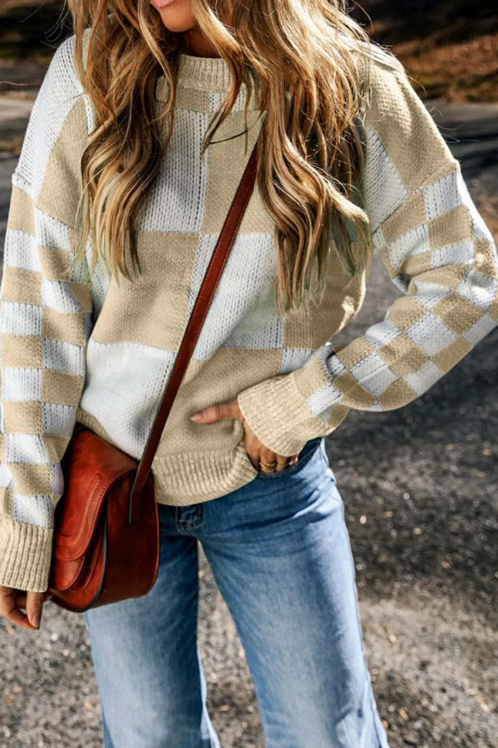 Sale Dear-Lover Flaxen Checkered Print Drop Shoulder Sweater Light French Beige