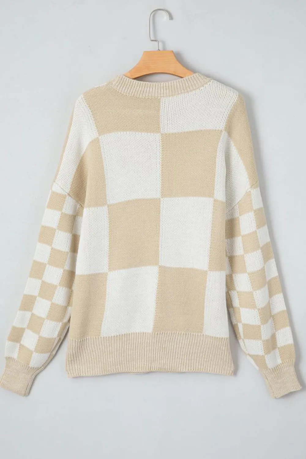 Sale Dear-Lover Flaxen Checkered Print Drop Shoulder Sweater Light French Beige