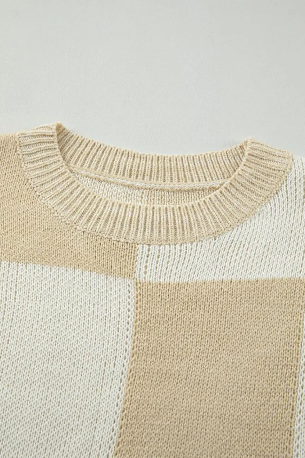 Sale Dear-Lover Flaxen Checkered Print Drop Shoulder Sweater Light French Beige