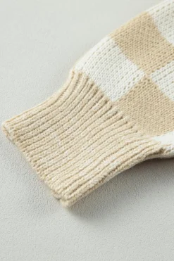Sale Dear-Lover Flaxen Checkered Print Drop Shoulder Sweater Light French Beige