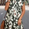 New Dear-Lover Floral Flutter Sleeve Buttons Ruffled Hem Mini Dress Four Leaf Clover