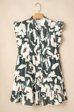 New Dear-Lover Floral Flutter Sleeve Buttons Ruffled Hem Mini Dress Four Leaf Clover