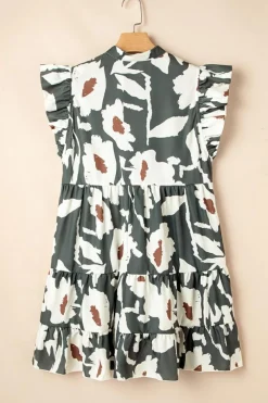 New Dear-Lover Floral Flutter Sleeve Buttons Ruffled Hem Mini Dress Four Leaf Clover