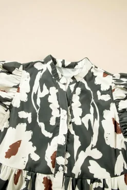 New Dear-Lover Floral Flutter Sleeve Buttons Ruffled Hem Mini Dress Four Leaf Clover
