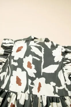 New Dear-Lover Floral Flutter Sleeve Buttons Ruffled Hem Mini Dress Four Leaf Clover