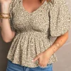 Online Dear-Lover Floral Print Puff Sleeve Smocked Top Green