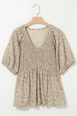 Online Dear-Lover Floral Print Puff Sleeve Smocked Top Green