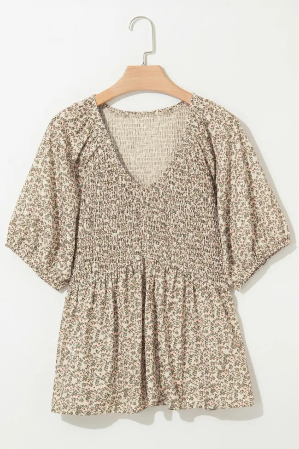 Online Dear-Lover Floral Print Puff Sleeve Smocked Top Green