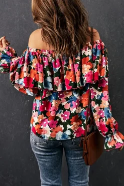 Clearance Dear-Lover Floral Print Ruffled Off Shoulder Blouse Multicolor