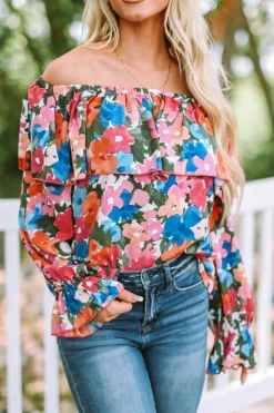 Clearance Dear-Lover Floral Print Ruffled Off Shoulder Blouse Multicolor