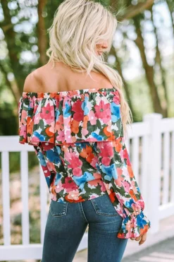 Clearance Dear-Lover Floral Print Ruffled Off Shoulder Blouse Multicolor