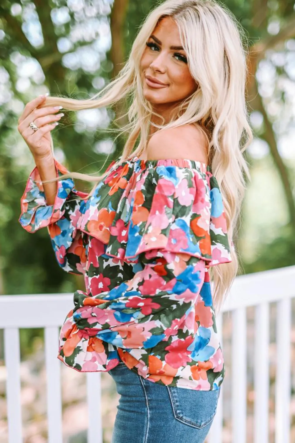 Clearance Dear-Lover Floral Print Ruffled Off Shoulder Blouse Multicolor