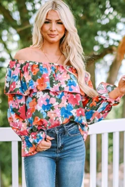 Clearance Dear-Lover Floral Print Ruffled Off Shoulder Blouse Multicolor