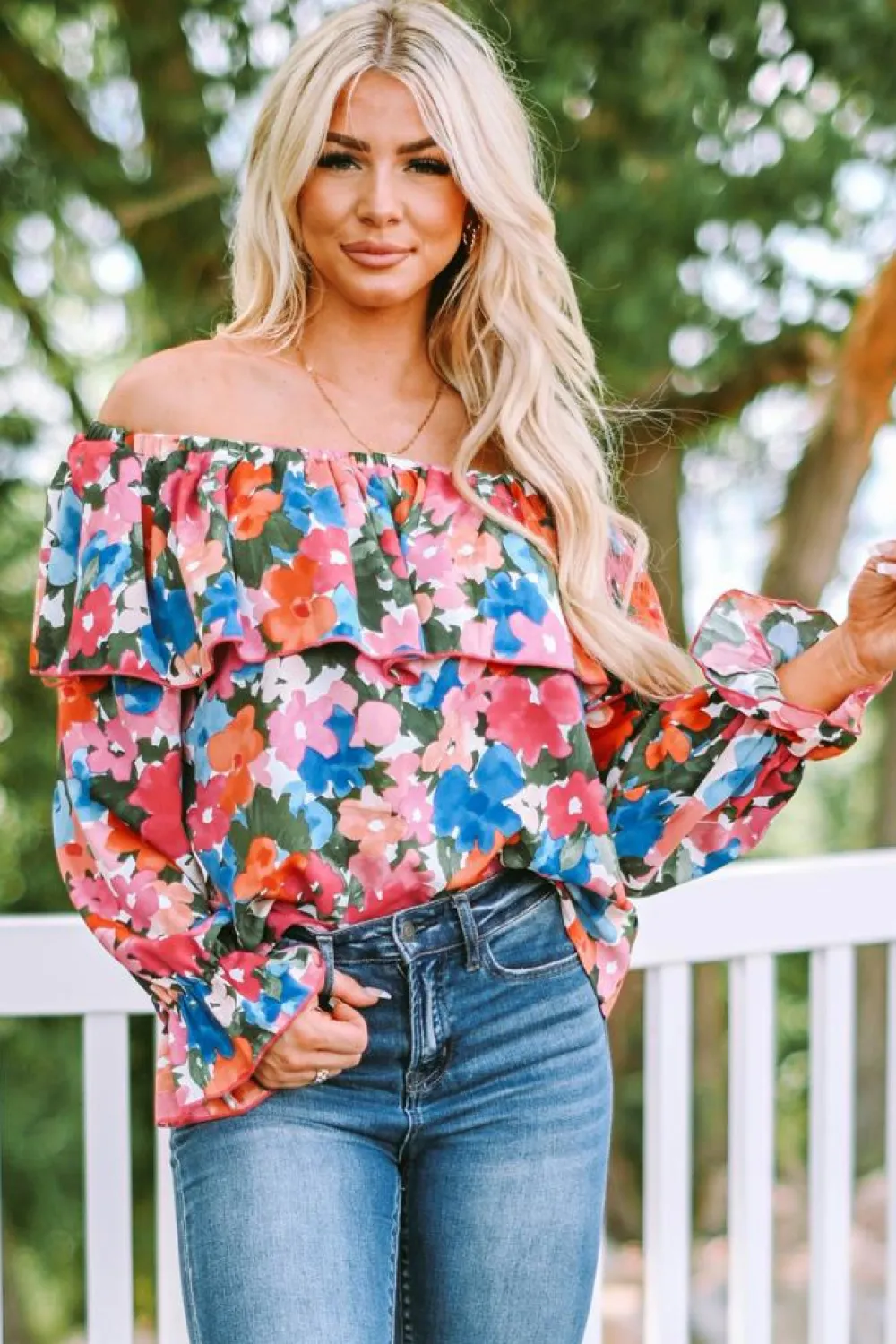 Clearance Dear-Lover Floral Print Ruffled Off Shoulder Blouse Multicolor