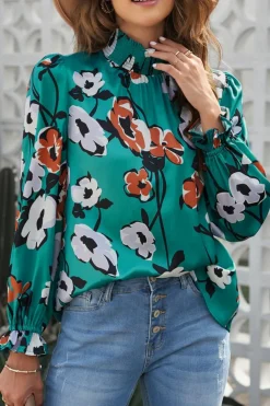 Hot Dear-Lover Floral Print Smocked Mock Neck Blouse Green