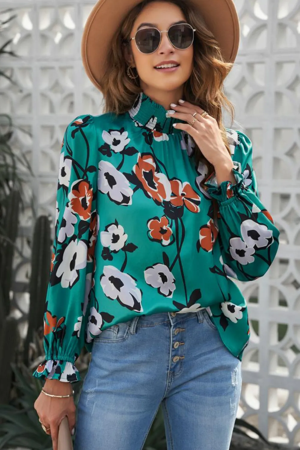 Hot Dear-Lover Floral Print Smocked Mock Neck Blouse Green
