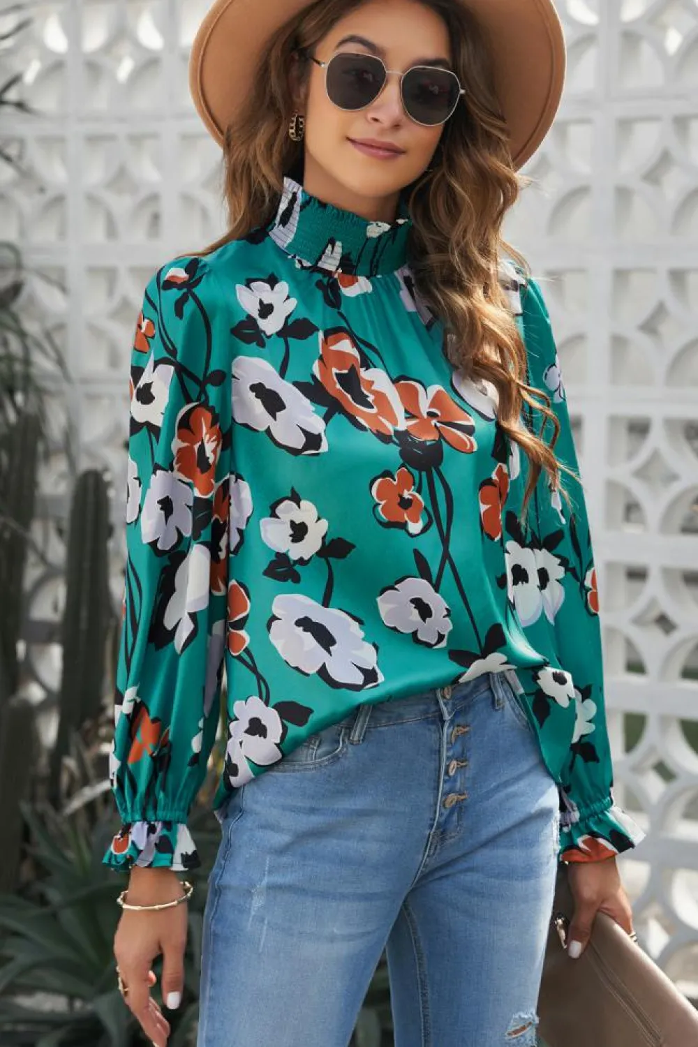 Hot Dear-Lover Floral Print Smocked Mock Neck Blouse Green