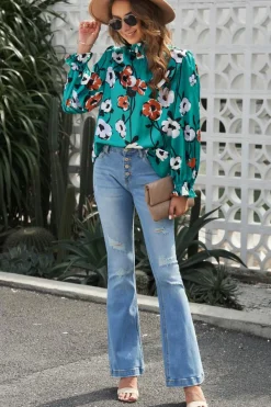 Hot Dear-Lover Floral Print Smocked Mock Neck Blouse Green