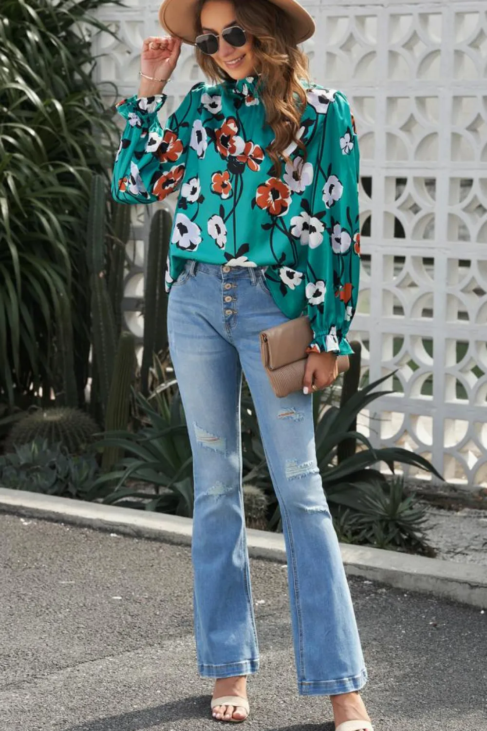 Hot Dear-Lover Floral Print Smocked Mock Neck Blouse Green