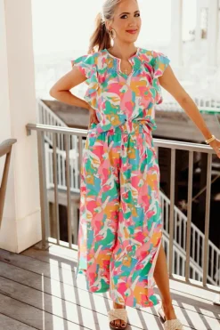 Hot Dear-Lover Floral Ruffled Sleeve Top Smocked Wide Leg Pants Set Pink