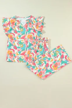 Hot Dear-Lover Floral Ruffled Sleeve Top Smocked Wide Leg Pants Set Pink