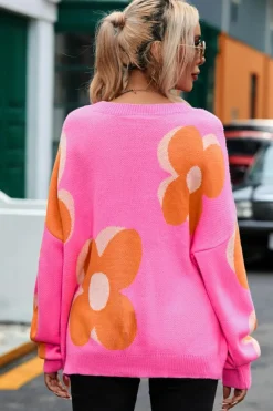 Best Dear-Lover Flower Pattern Slouchy Sweater Fiery Red
