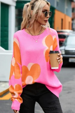 Best Dear-Lover Flower Pattern Slouchy Sweater Fiery Red