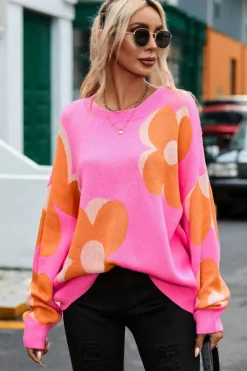 Best Dear-Lover Flower Pattern Slouchy Sweater Fiery Red