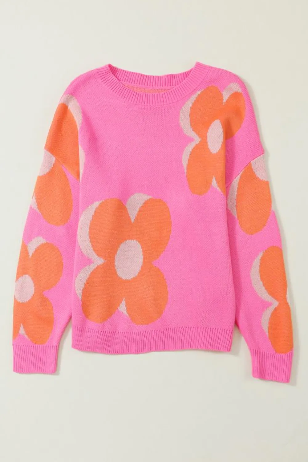 Best Dear-Lover Flower Pattern Slouchy Sweater Fiery Red