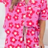 Online Dear-Lover Flower Print Short Sleeve Shirt Pajamas Set Pink