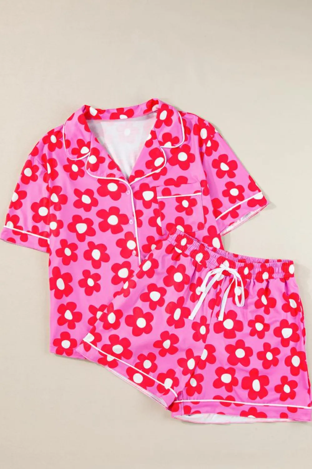 Online Dear-Lover Flower Print Short Sleeve Shirt Pajamas Set Pink