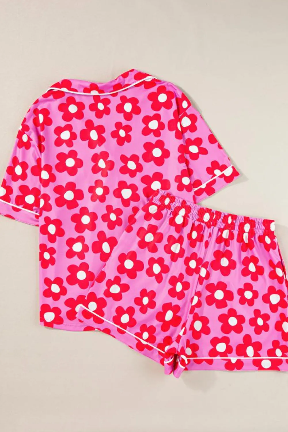 Online Dear-Lover Flower Print Short Sleeve Shirt Pajamas Set Pink