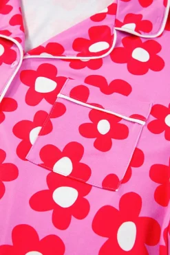 Online Dear-Lover Flower Print Short Sleeve Shirt Pajamas Set Pink