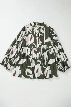 Fashion Dear-Lover Abstract Floral Print Puff Sleeve Half Button Blouse Four Leaf Clover
