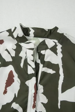 Fashion Dear-Lover Abstract Floral Print Puff Sleeve Half Button Blouse Four Leaf Clover
