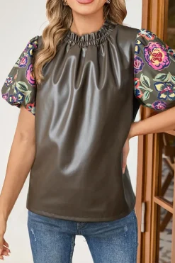 Best Dear-Lover Floral Bubble Sleeve Patchwork Leatherette Frilled Round Neck Blouse Four Leaf Clover