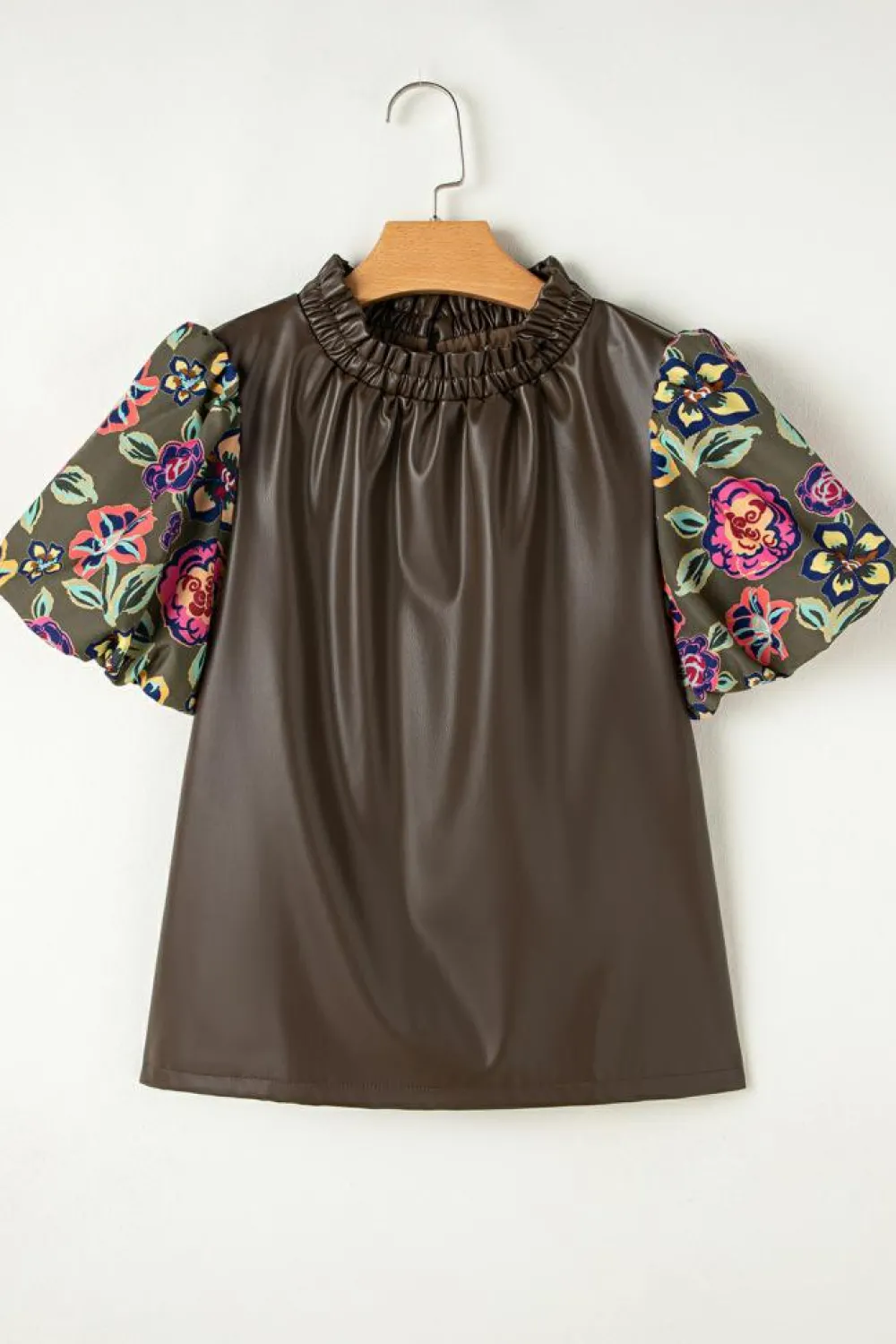 Best Dear-Lover Floral Bubble Sleeve Patchwork Leatherette Frilled Round Neck Blouse Four Leaf Clover