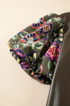 Best Dear-Lover Floral Bubble Sleeve Patchwork Leatherette Frilled Round Neck Blouse Four Leaf Clover