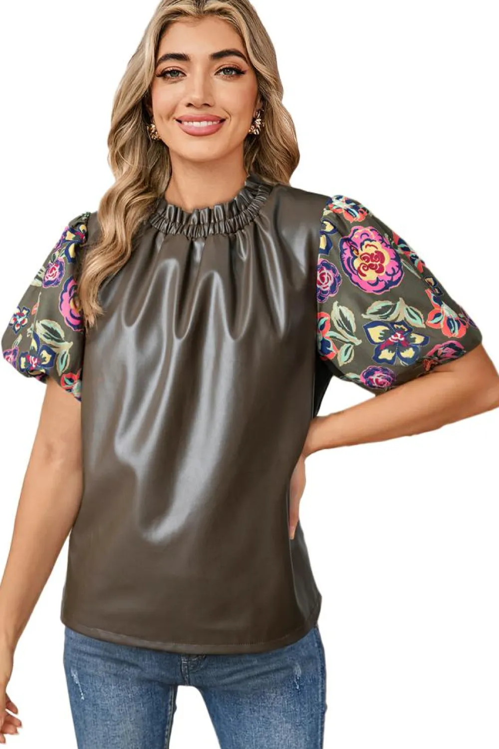 Best Dear-Lover Floral Bubble Sleeve Patchwork Leatherette Frilled Round Neck Blouse Four Leaf Clover