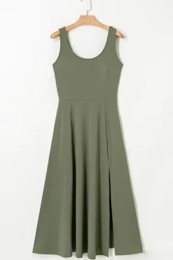 Fashion Dear-Lover Sleeveless Scoop Neck Flared Split Midi Dress Four Leaf Clover