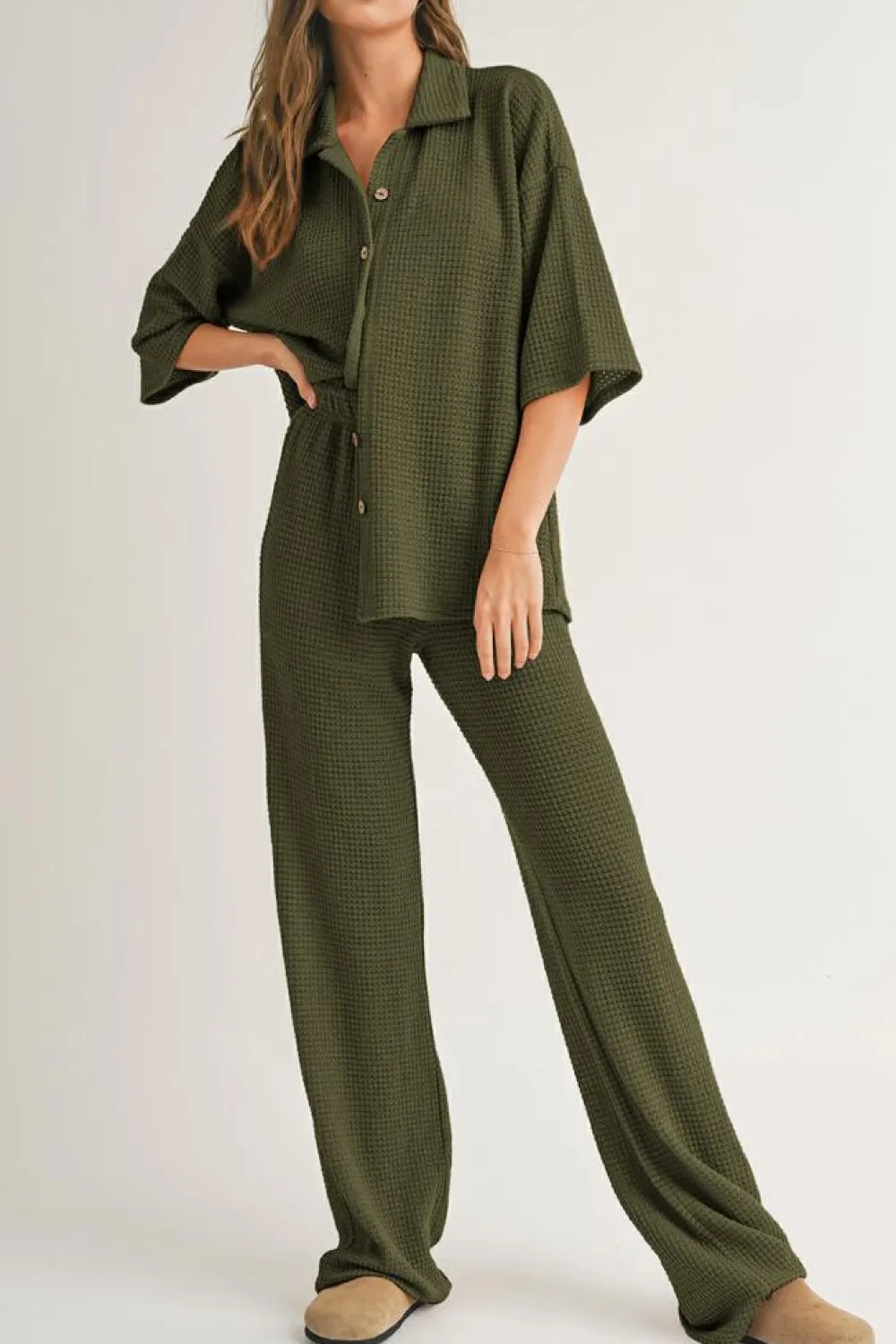Online Dear-Lover Solid Color Textured Buttoned Shirt and Casual Pants Set Four Leaf Clover