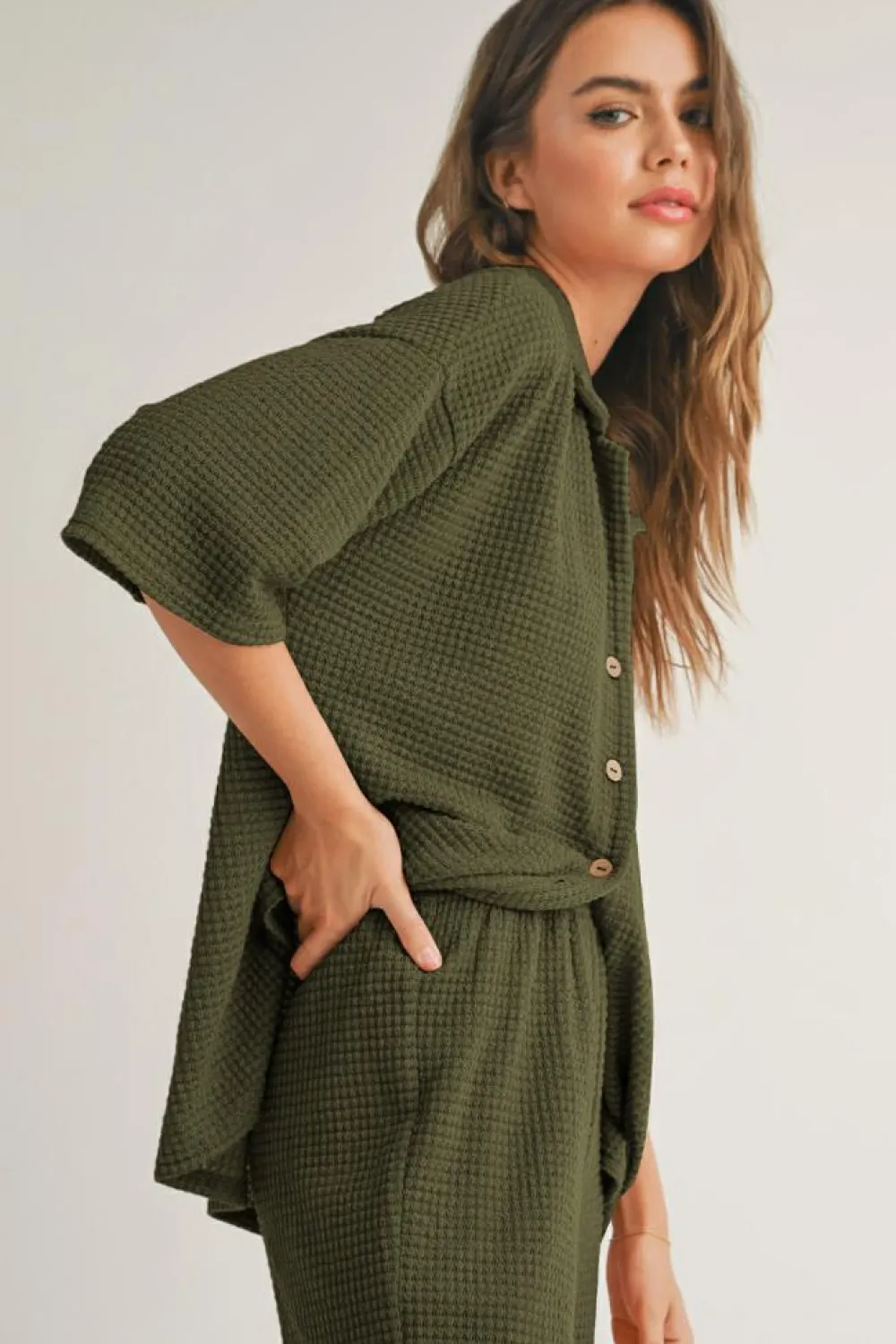 Online Dear-Lover Solid Color Textured Buttoned Shirt and Casual Pants Set Four Leaf Clover