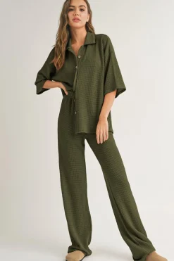 Online Dear-Lover Solid Color Textured Buttoned Shirt and Casual Pants Set Four Leaf Clover